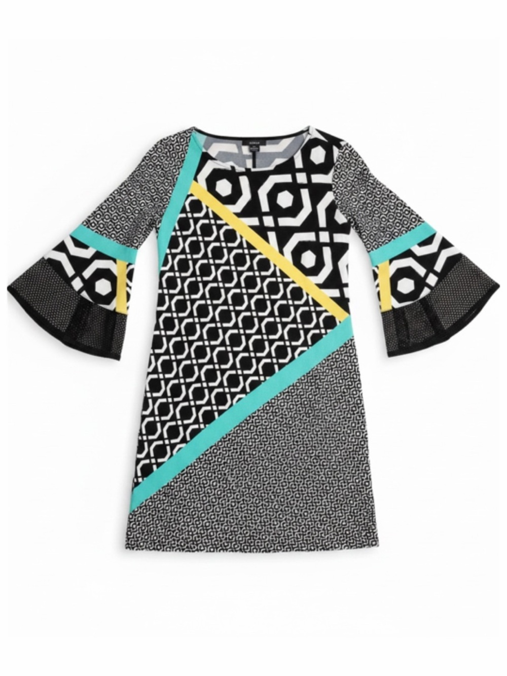 Retro 60s Geometric Colorblock Shift Dress MEDIUM Bell Sleeve Black Teal Yellow